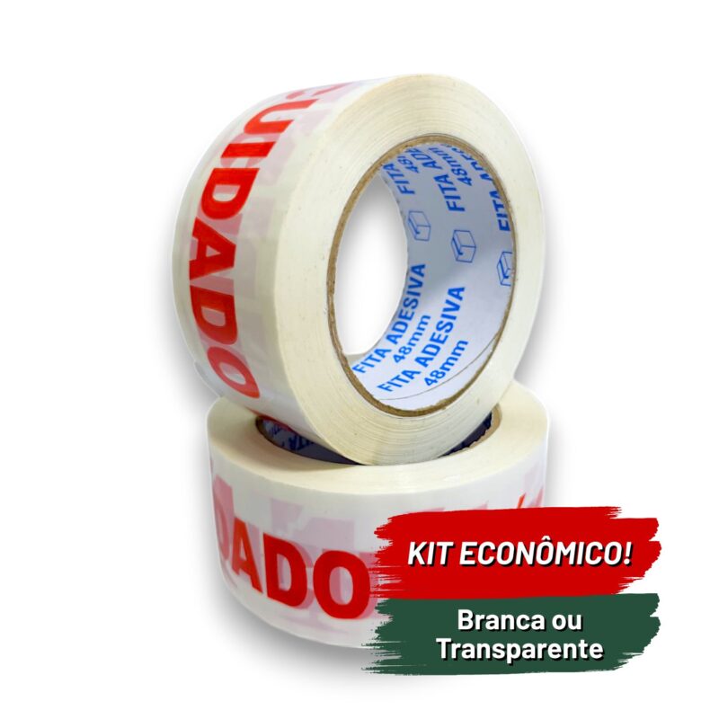 Kit Fita Adesiva Acrílica Cuidado Frágil - Branca ou Transparente - 48mm